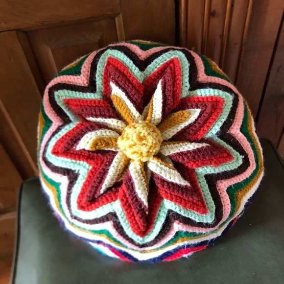 Vtg Hand Knit Multicolour Pouf Pillow - Picture 4 of 14